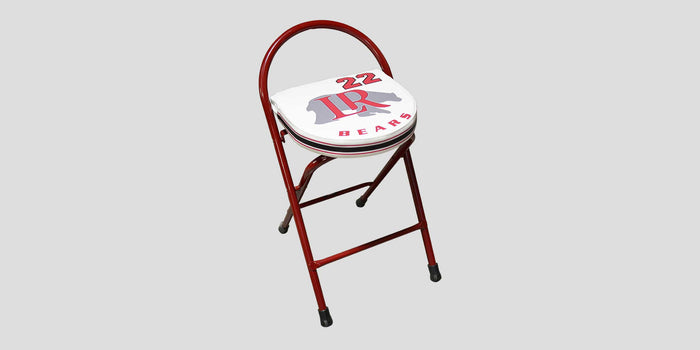 Red folding stool with white seat featuring "22", "LR", and "BEARS" logo.