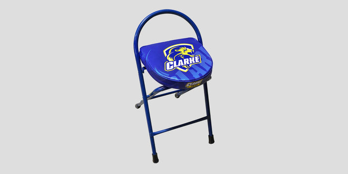 Blue folding stool with "CLARKE" and a yellow lion logo on the seat.