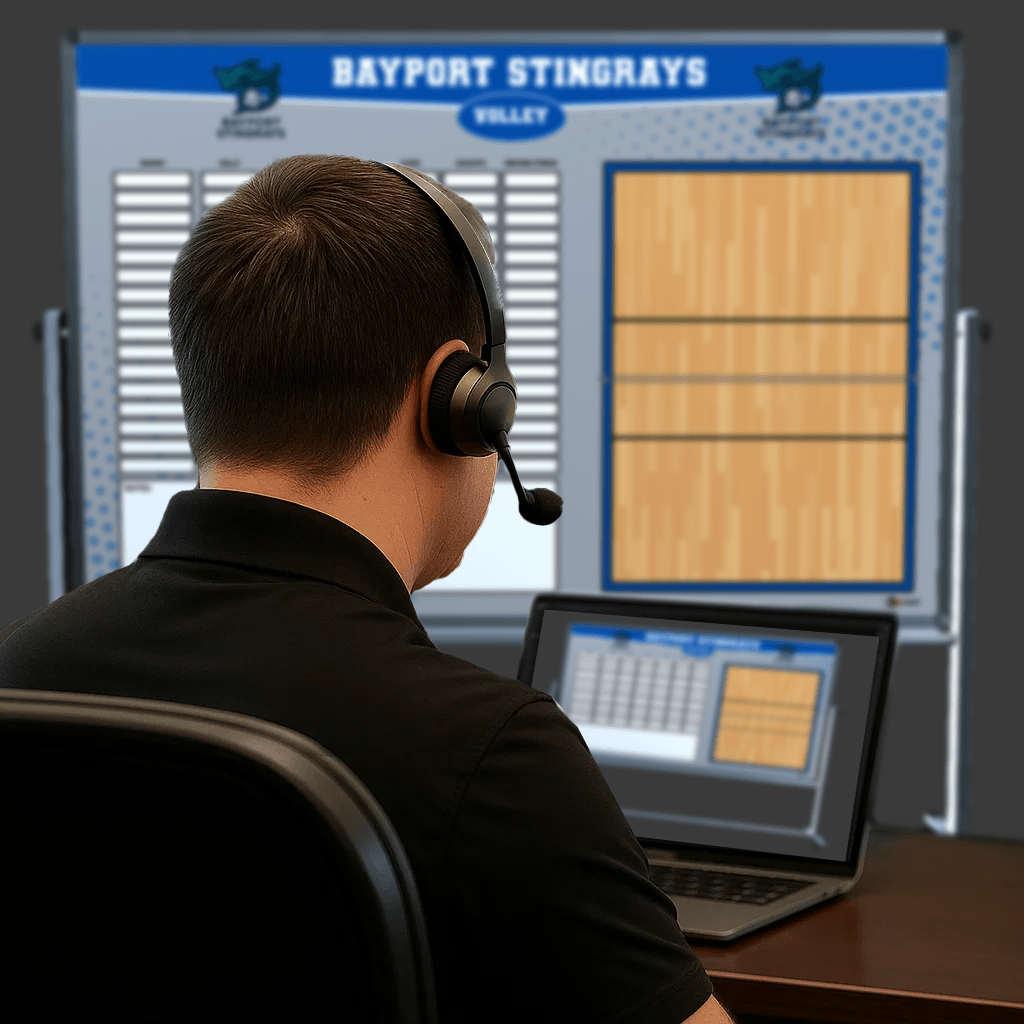 Back view of a customer support representative wearing a headset while assisting with the design of a custom Hockey whiteboard, shown on a laptop and a large screen.
