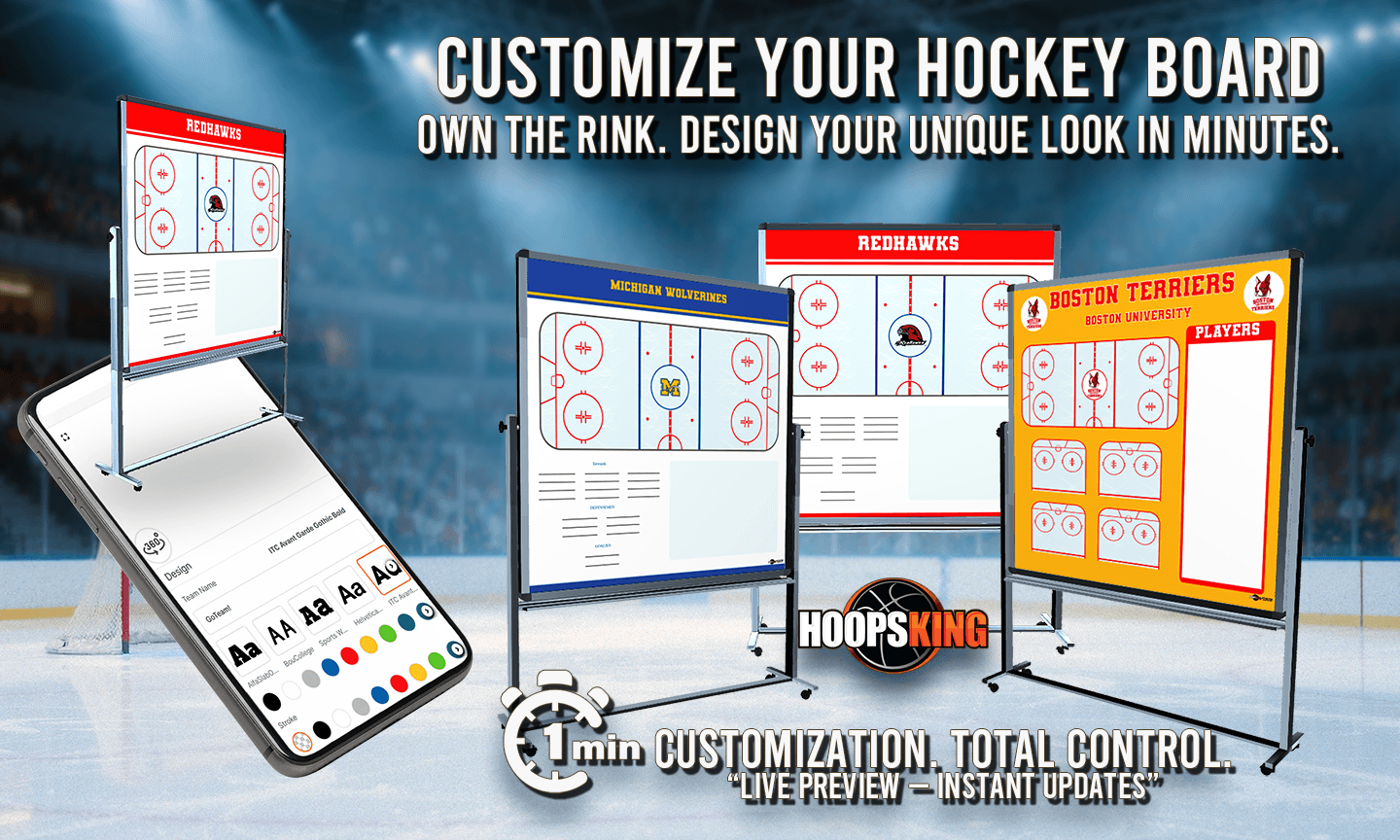 An image advertising HoopsKing's custom basketball coaching boards. On the left, a smartphone displays an easy-to-use design tool, while on the right, several finished personalized basketball clipboards with various team logos and colors are shown.