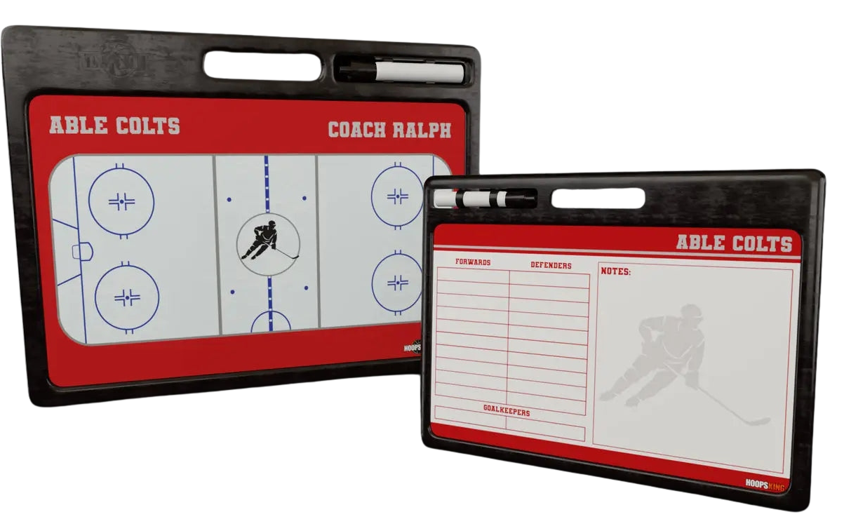 Custom hockey tactics board with carry handle, front and back play zones