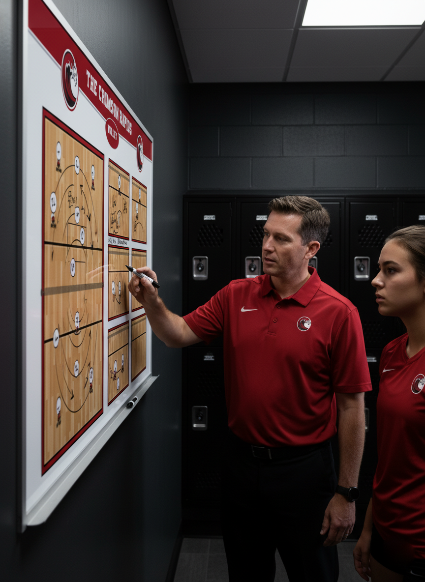 A male coach in a crimson polo points to a volleyball strategy diagram on a wall-mounted magnetic whiteboard for