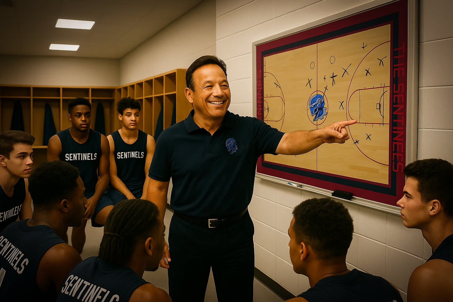 A smiling basketball coach points to a play on a large, wall-mounted
