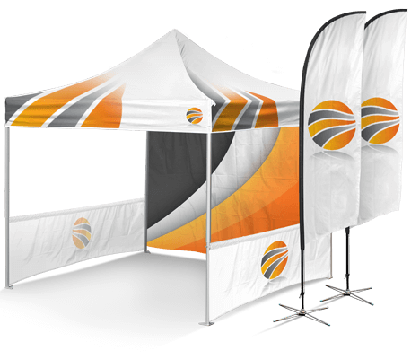 Trade show 10x10 tent with full branding on 600D polyester