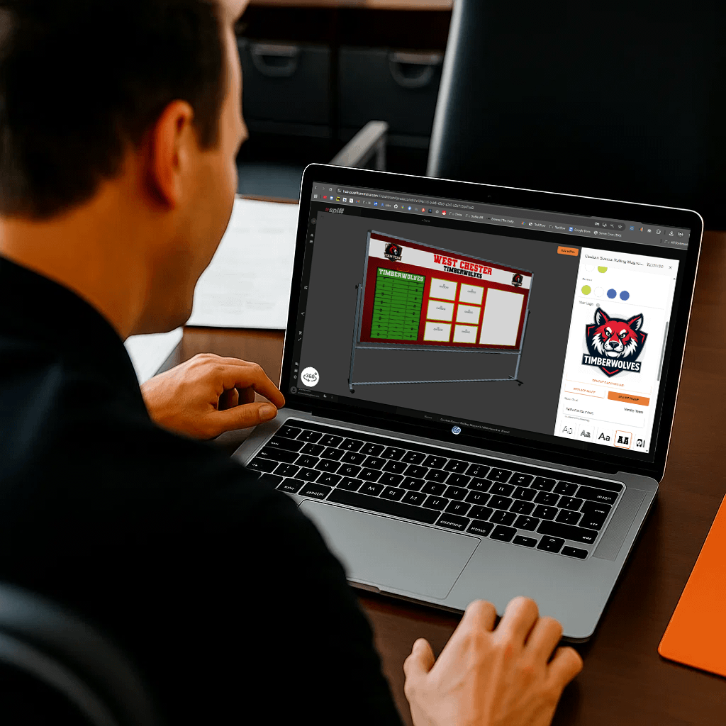 Over-the-shoulder view of a person using an online design tool on a laptop to create a custom West Chester Timberwolves football strategy whiteboard.