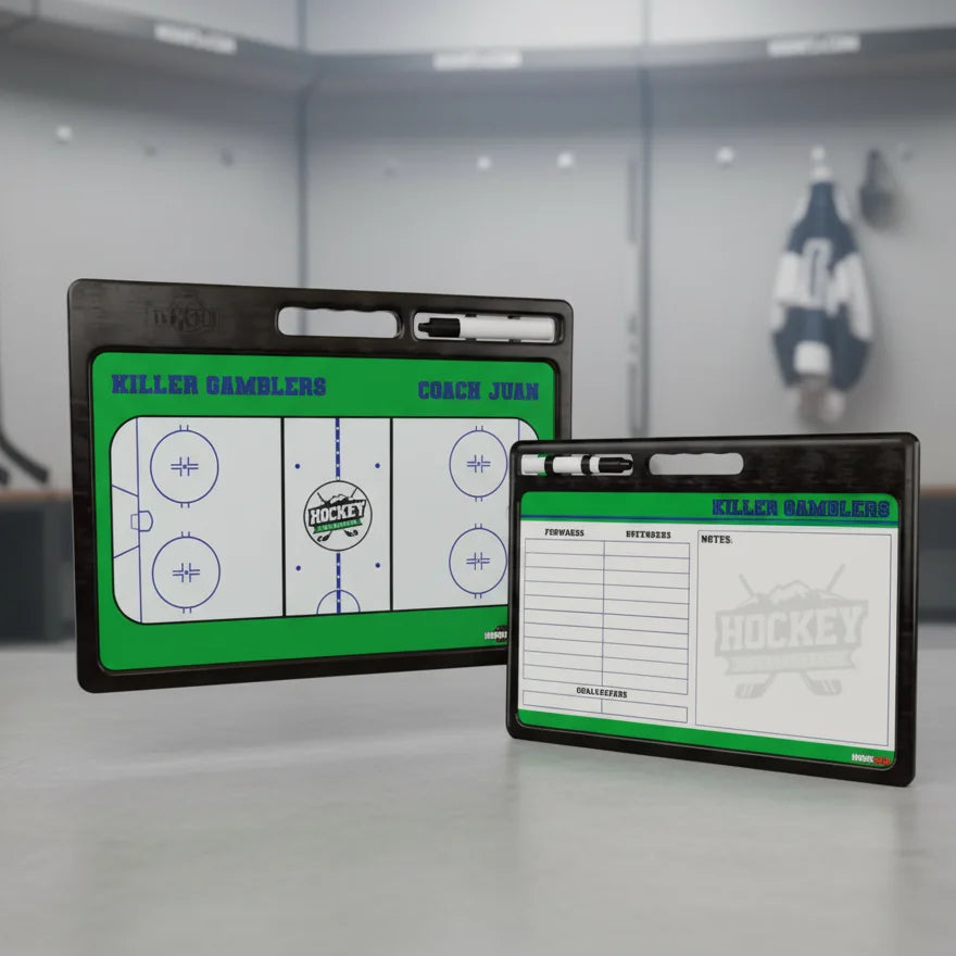 Double sided hockey clipboard style whiteboard for coaches with handle