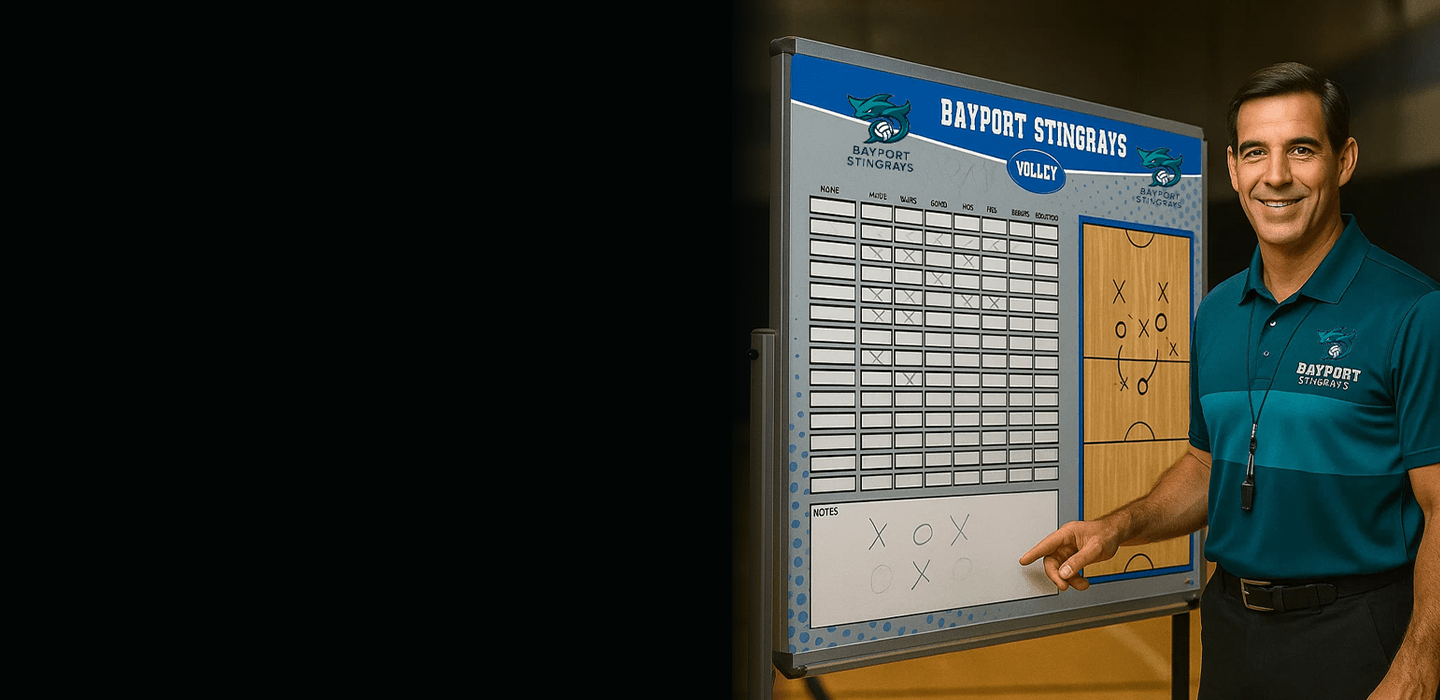 football-coach-planning-play-on-strategy-whiteboard A focused Hockey coach stands pointing to a play diagram on a large, custom-branded dry-erase strategy board.