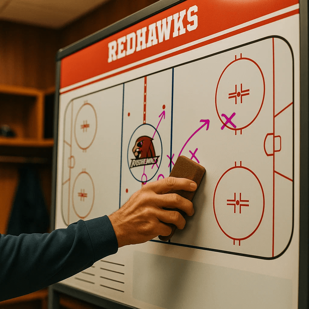 Close-up of a hand using a felt eraser to wipe a red dry-erase Hockey play diagram from a coaching whiteboard.