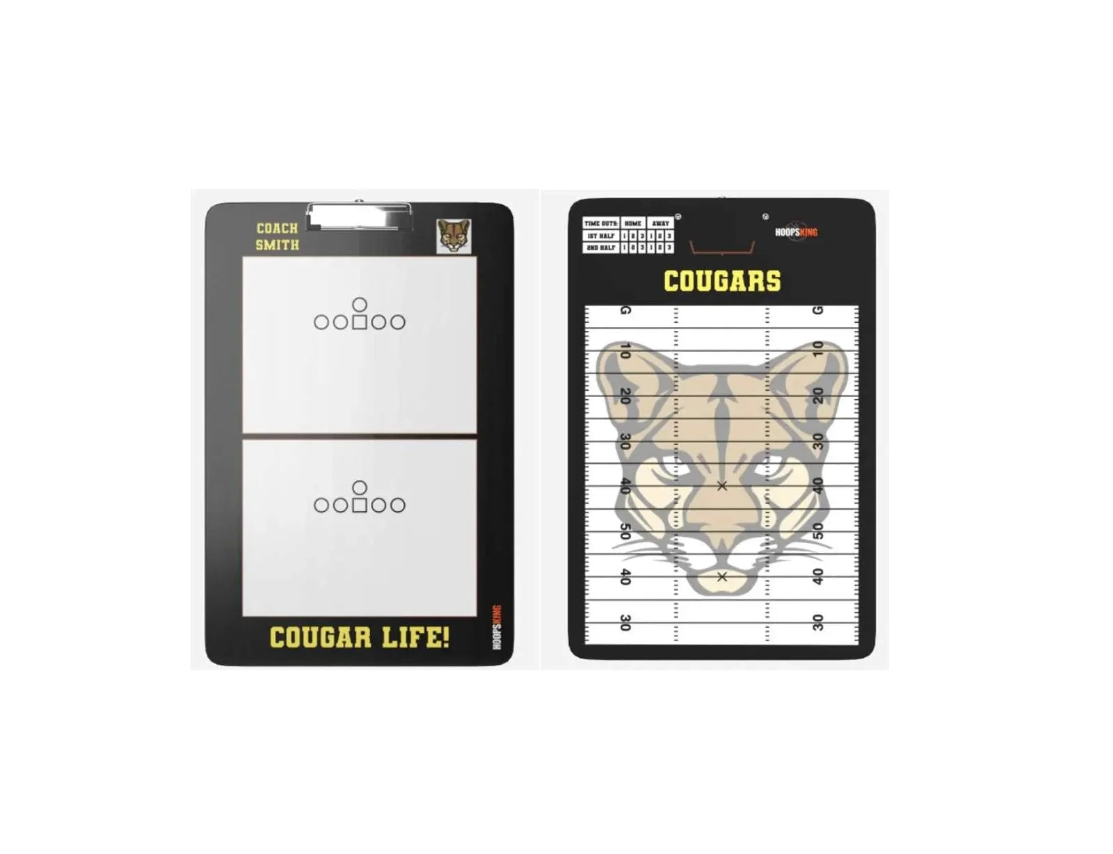 Custom football dry erase board showing offensive and defensive play diagrams
