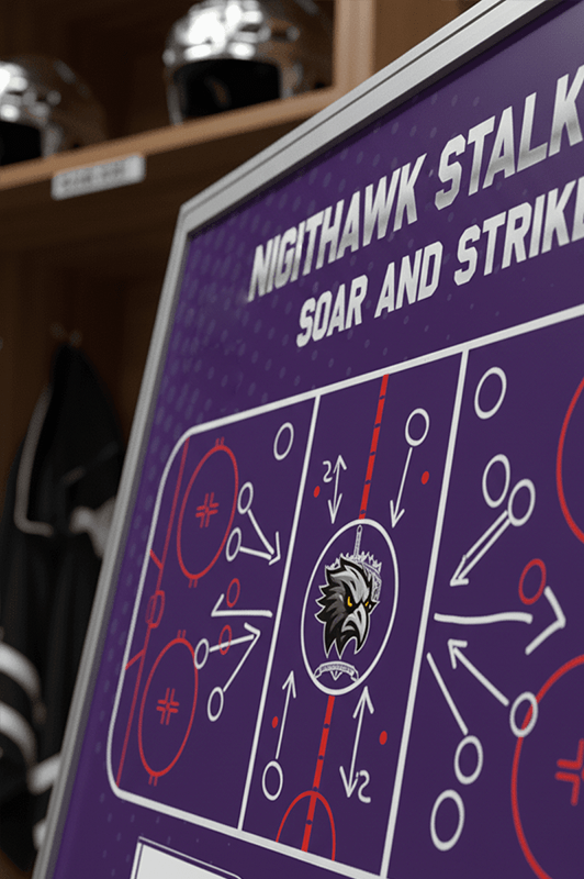 A promotional image showcasing a custom 'Sterling CIT' hockey whiteboard in a locker room setting. The text highlights how championship programs use professional, customized tools to build a strong team identity and culture