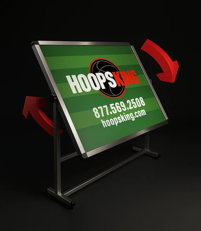 A HoopsKing branded, reversible sports coaching whiteboard on a stand against a black background. Red arrows indicate the board's ability to rotate and flip over.