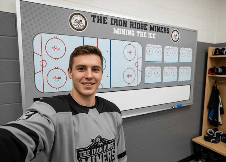 A happy hockey player takes a selfie in front of a custom 'Sterling City Sabers' whiteboard. The webpage text explains how a branded locker room becomes powerful marketing content, making the program one they can't stop talking about.