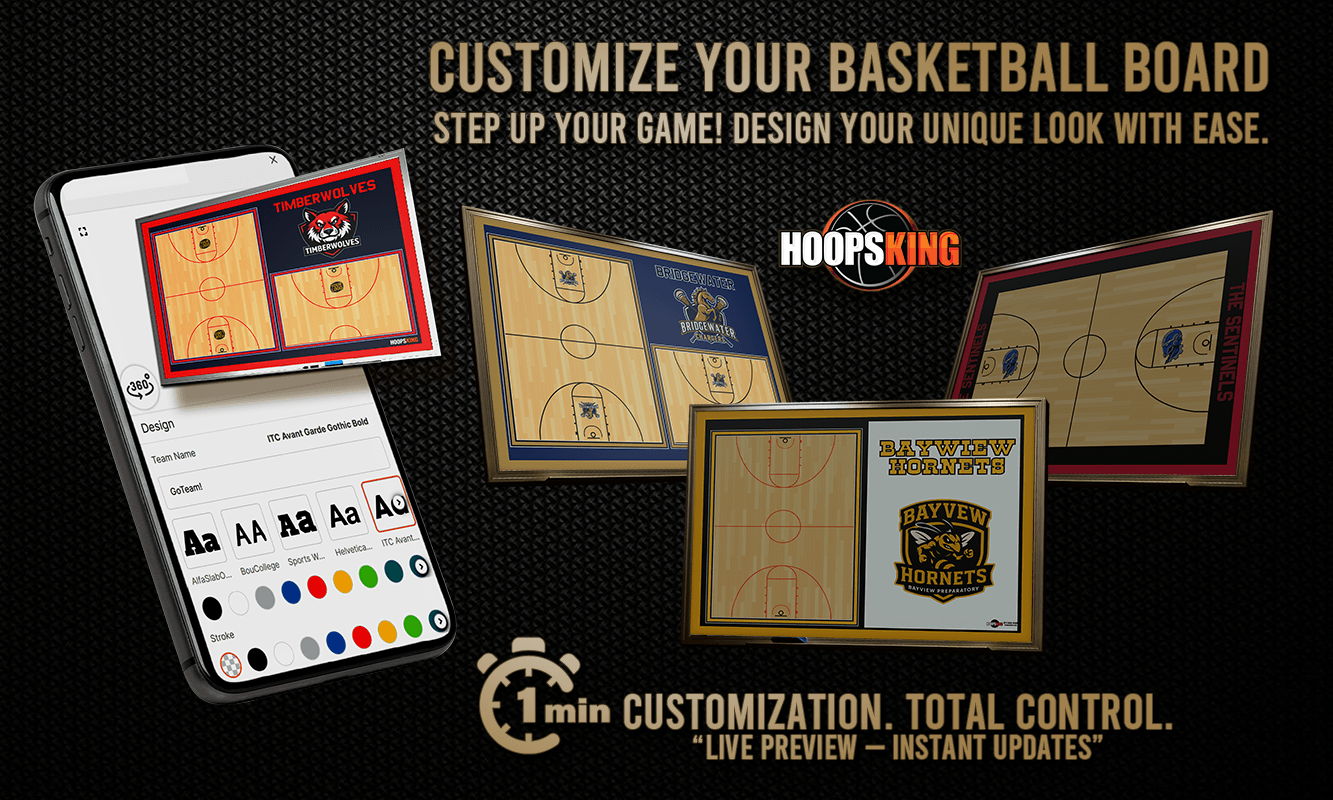 An image advertising HoopsKing's custom basketball coaching boards. On the left, a smartphone displays an easy-to-use design tool, while on the right, several finished personalized basketball clipboards with various team logos and colors are shown.