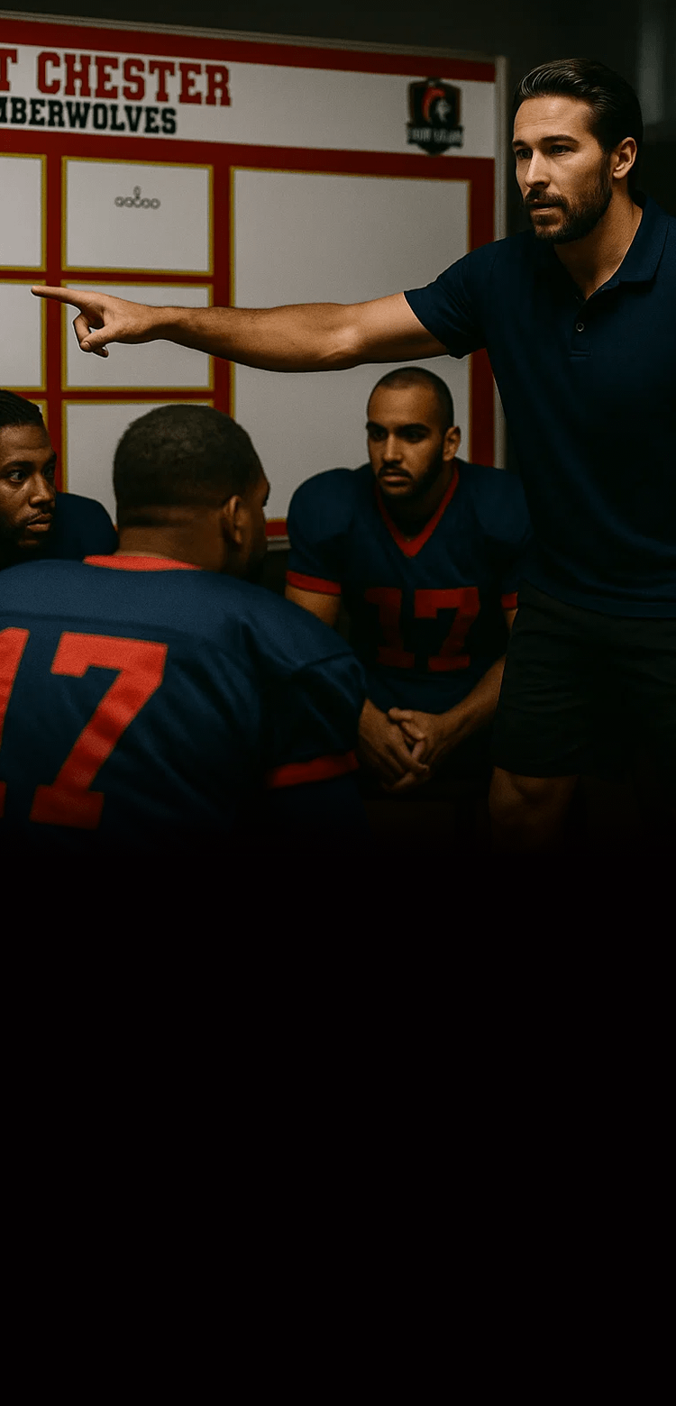 coach-leading-team-meeting-with-strategy-board An intense football coach points to a custom West Chester Timberwolves strategy whiteboard while giving instructions to his team in a locker room.