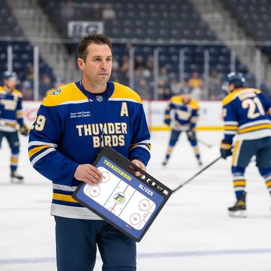 Two-sided custom hockey coaching whiteboard with carry handle for play strategy