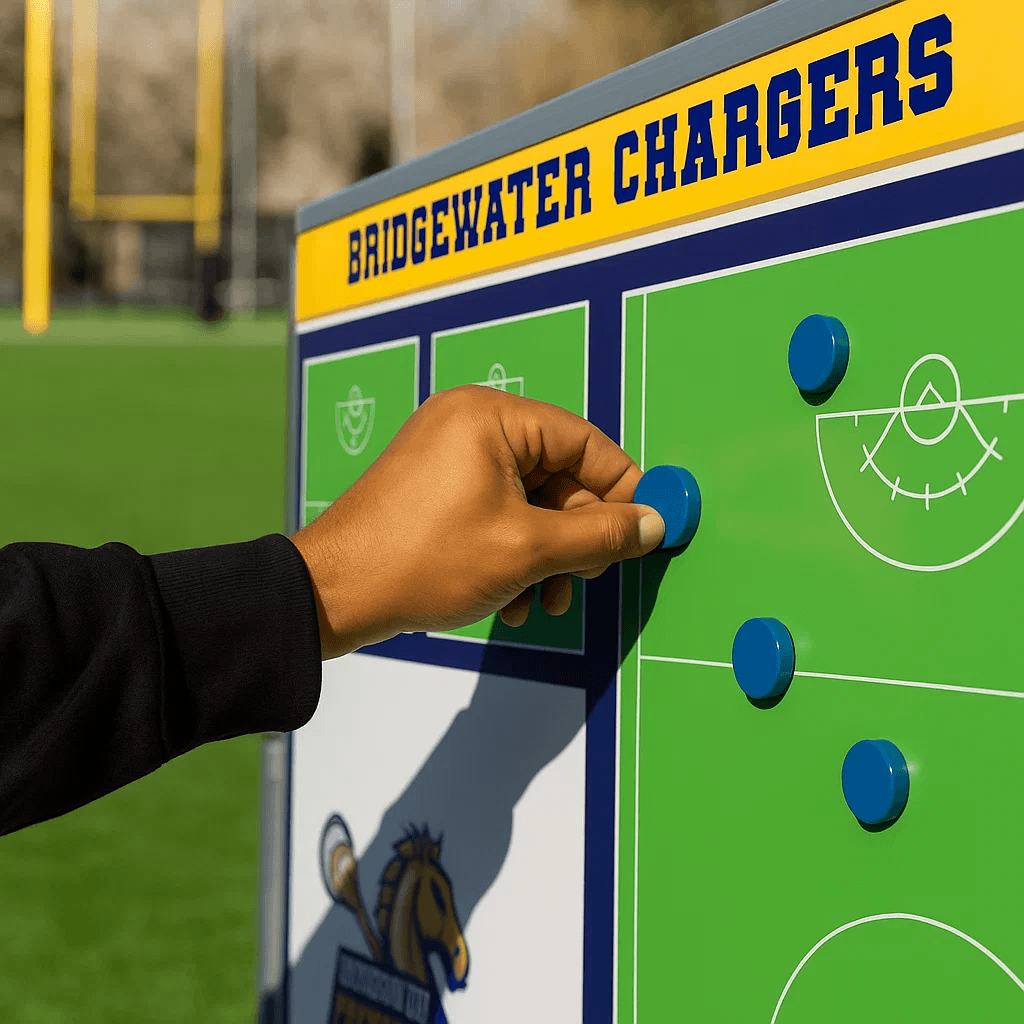 Close-up of a coach's hand placing a blue, circular player magnet onto a magnetic Hockey strategy board with a field diagram for the Redhawks team.