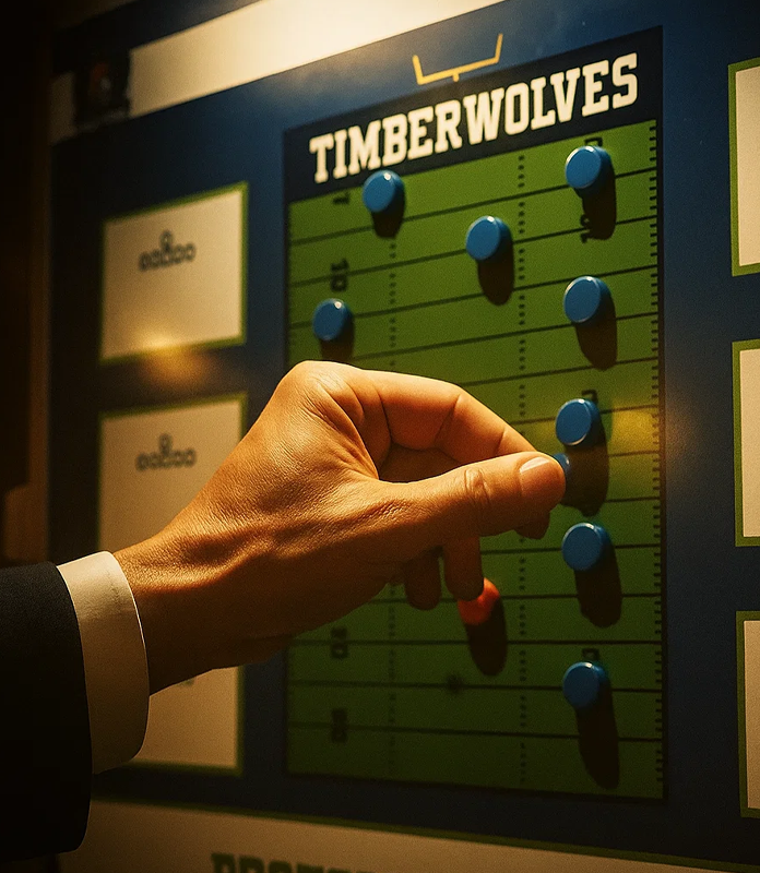 Close-up of a coach's hand placing a blue, circular player magnet onto a magnetic football strategy board with a field diagram for the Timberwolves team.