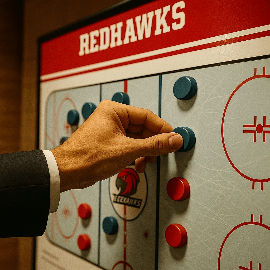 Close-up of a coach's hand placing a blue, circular player magnet onto a magnetic Hockey strategy board with a field diagram for the Redhawks team.