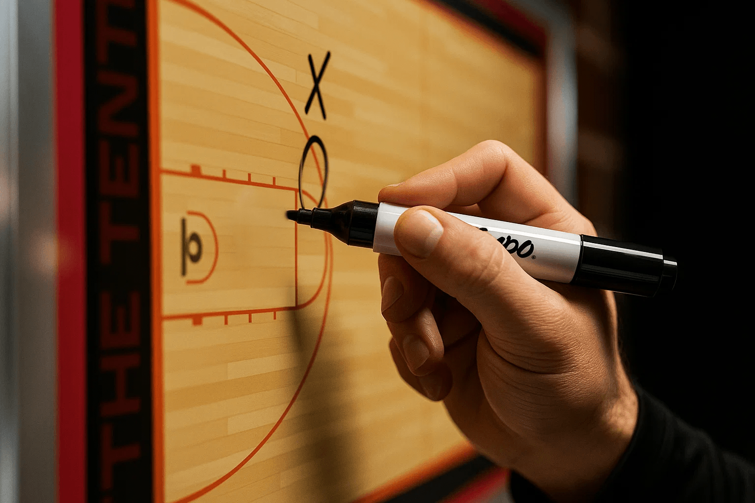 A coach's hand uses a black dry-erase marker to diagram a play on a custom basketball clipboard. The board features a detailed court, the team name