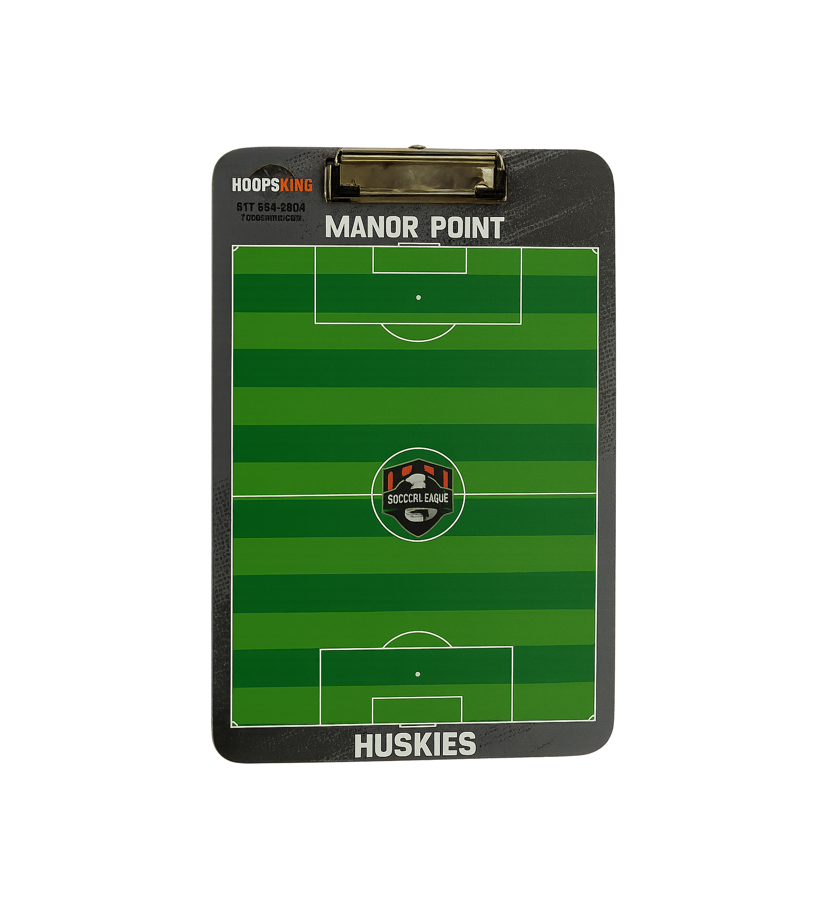 Double-sided soccer coaching clipboard with half-field and full-field layouts