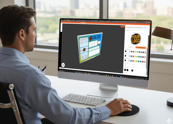 A man in a professional office setting designs the 'Sterling Sentinels' team logo on a computer. The webpage section is titled 'The 3D Command Center: Design Your Legacy,' promoting a design tool for creating team icons, with a call-to-action to a Shopify App.