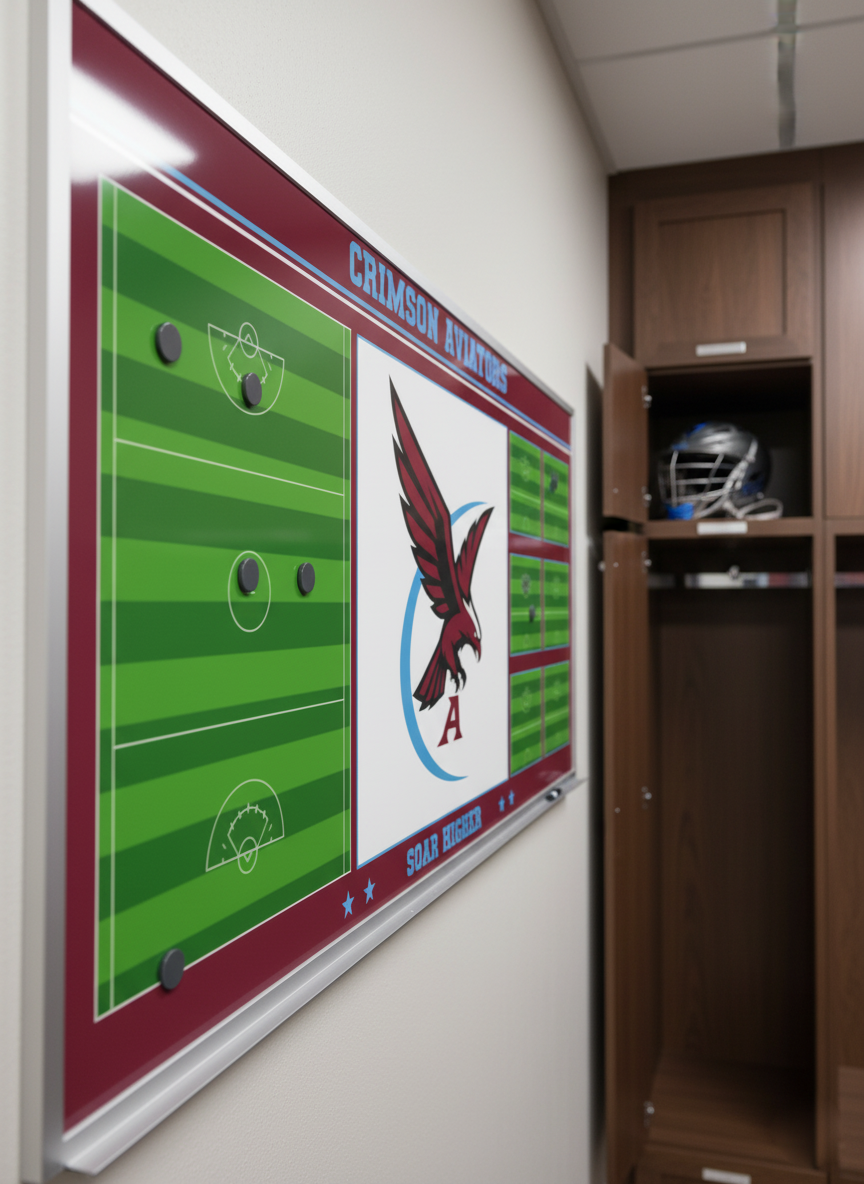 A promotional image showcasing the whiteboard in a locker room setting. The text highlights how championship programs use professional, customized tools to build a strong team identity and culture