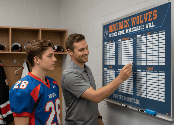 A hockey coach mentors a young player in a locker room, both looking at a 'Sterling City Sabers' whiteboard. The surrounding text emphasizes that this is where tradition is built, and it's a testament to the team's legacy.