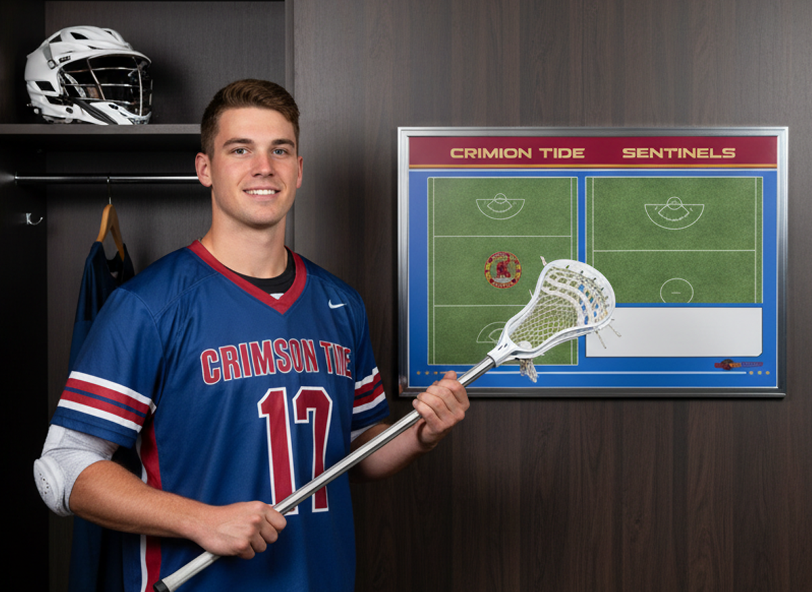 A female college lacrosse player in full uniform poses confidently for a media day photo, standing in front of her team's large, custom-branded 'Northgate Titans' magnetic whiteboard in the locker room.