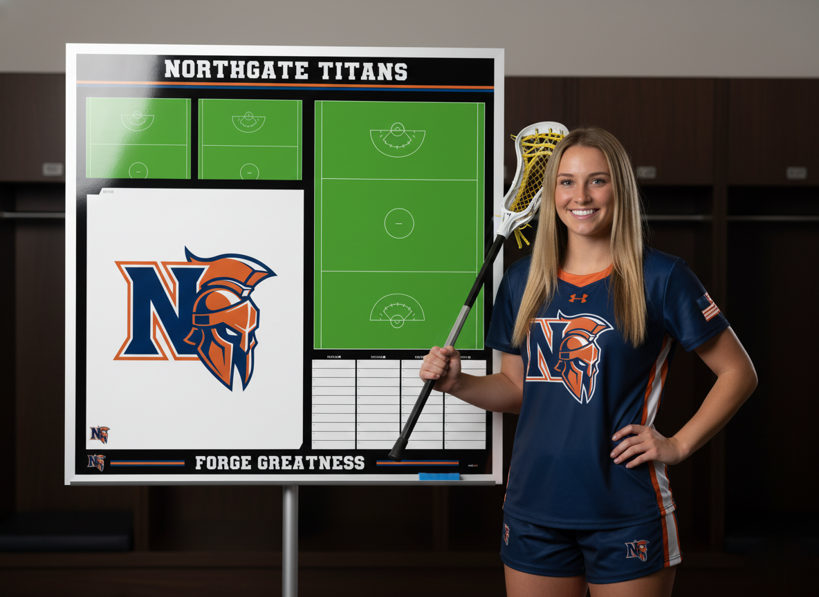 A female college lacrosse player in full uniform poses confidently for a media day photo, standing in front of her team's large, custom-branded 'Northgate Titans' magnetic whiteboard in the locker room.