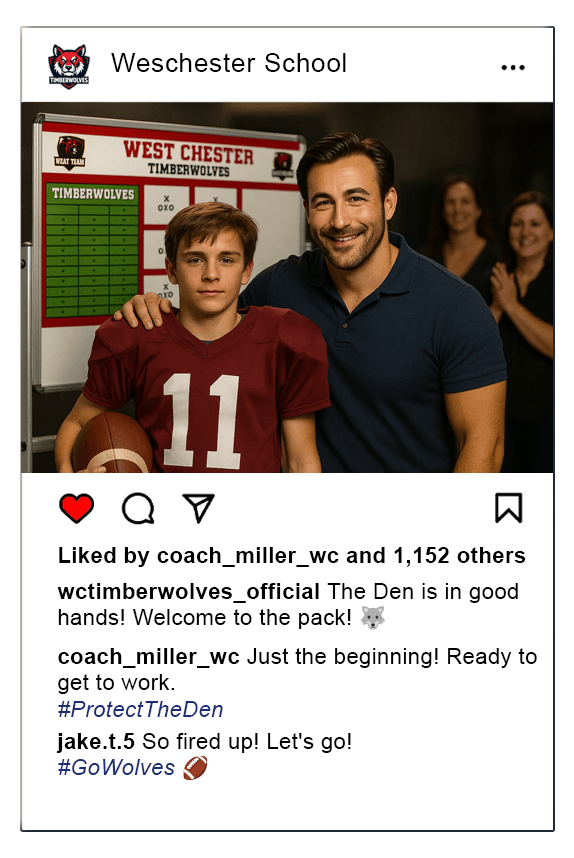 An Instagram post from West Chester School showing a proud football coach with his arm around a new student athlete. In the background is a custom West Chester Timberwolves team strategy board. The post's caption reads