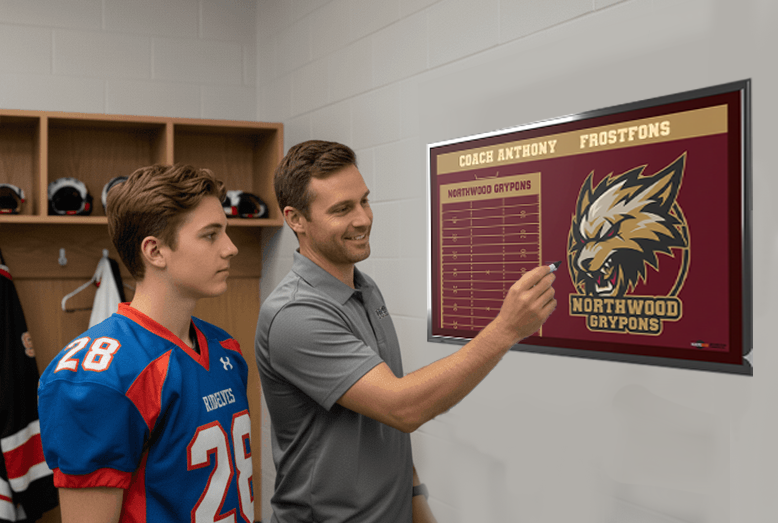 A hockey coach mentors a young player in a locker room, both looking at a 'Sterling City Sabers' whiteboard. The surrounding text emphasizes that this is where tradition is built, and it's a testament to the team's legacy.