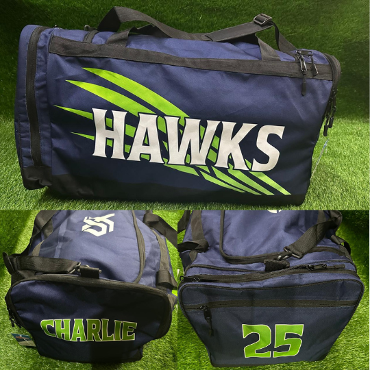 Blue athletic duffle bag with mesh side pockets