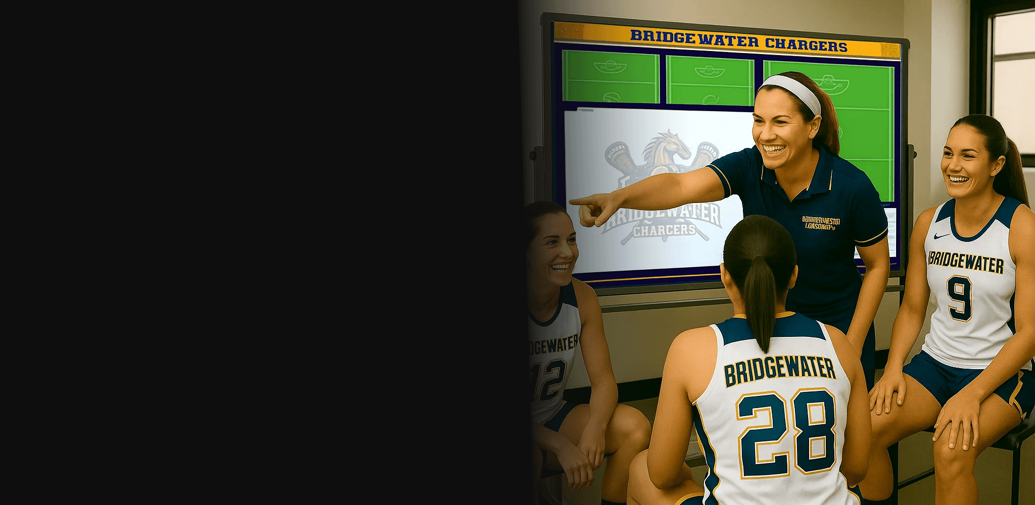 coach-leading-team-meeting-with-strategy-board An intense Hockey coach points to a custom Hockey strategy whiteboard while giving instructions to his team in a locker room.