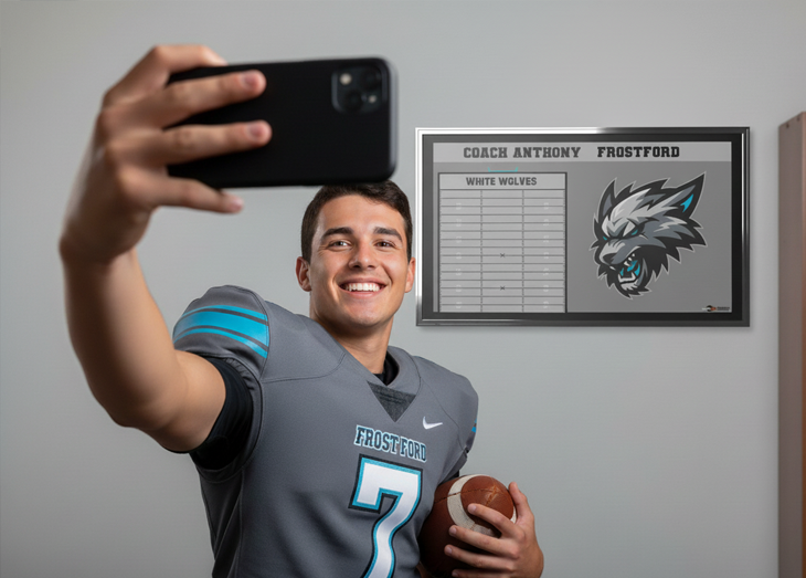 A happy hockey player takes a selfie in front of a custom 'Sterling City Sabers' whiteboard. The webpage text explains how a branded locker room becomes powerful marketing content, making the program one they can't stop talking about.