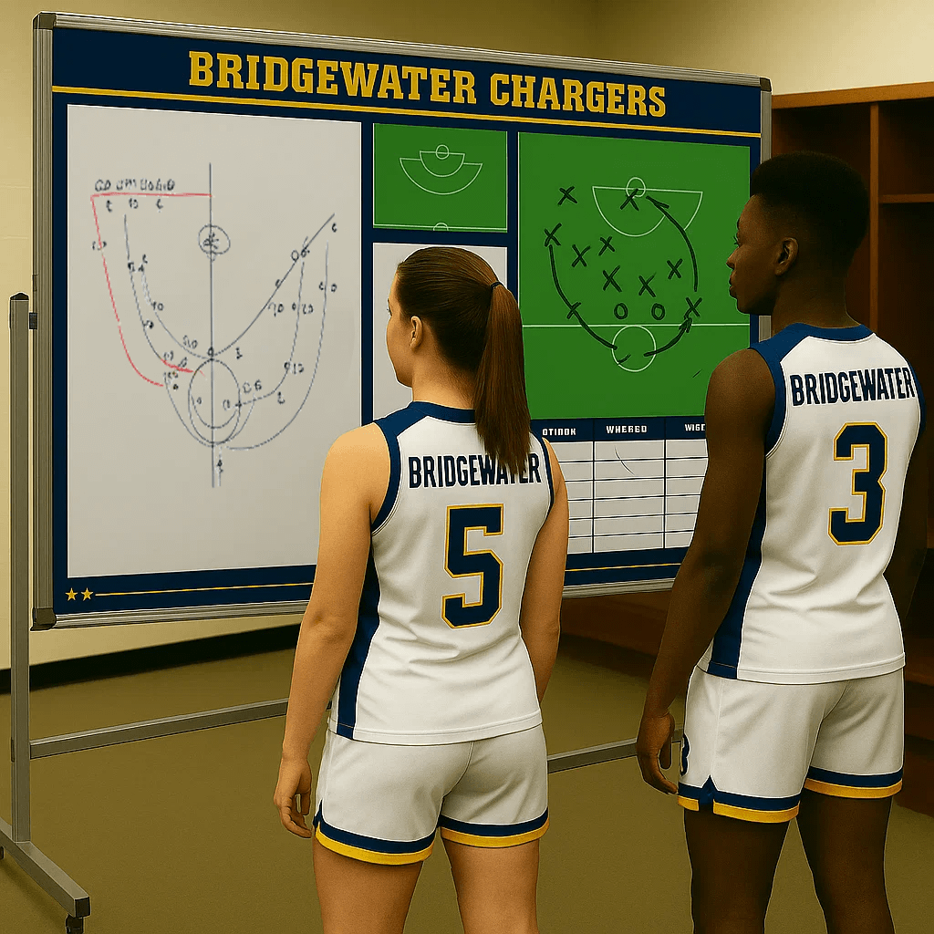 Two young Hockey players studying a large, custom-branded team strategy dry-erase board in a locker room setting.