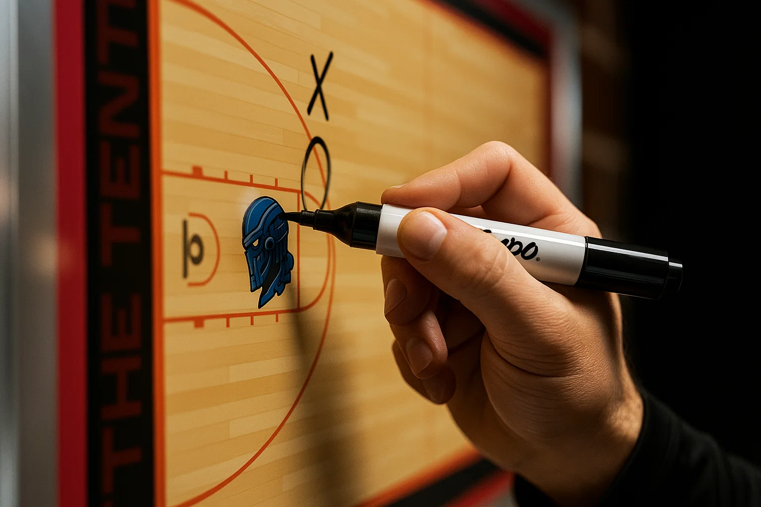 A coach's hand uses a black dry-erase marker to diagram a play on a custom basketball clipboard. The board features a detailed court, the team name
