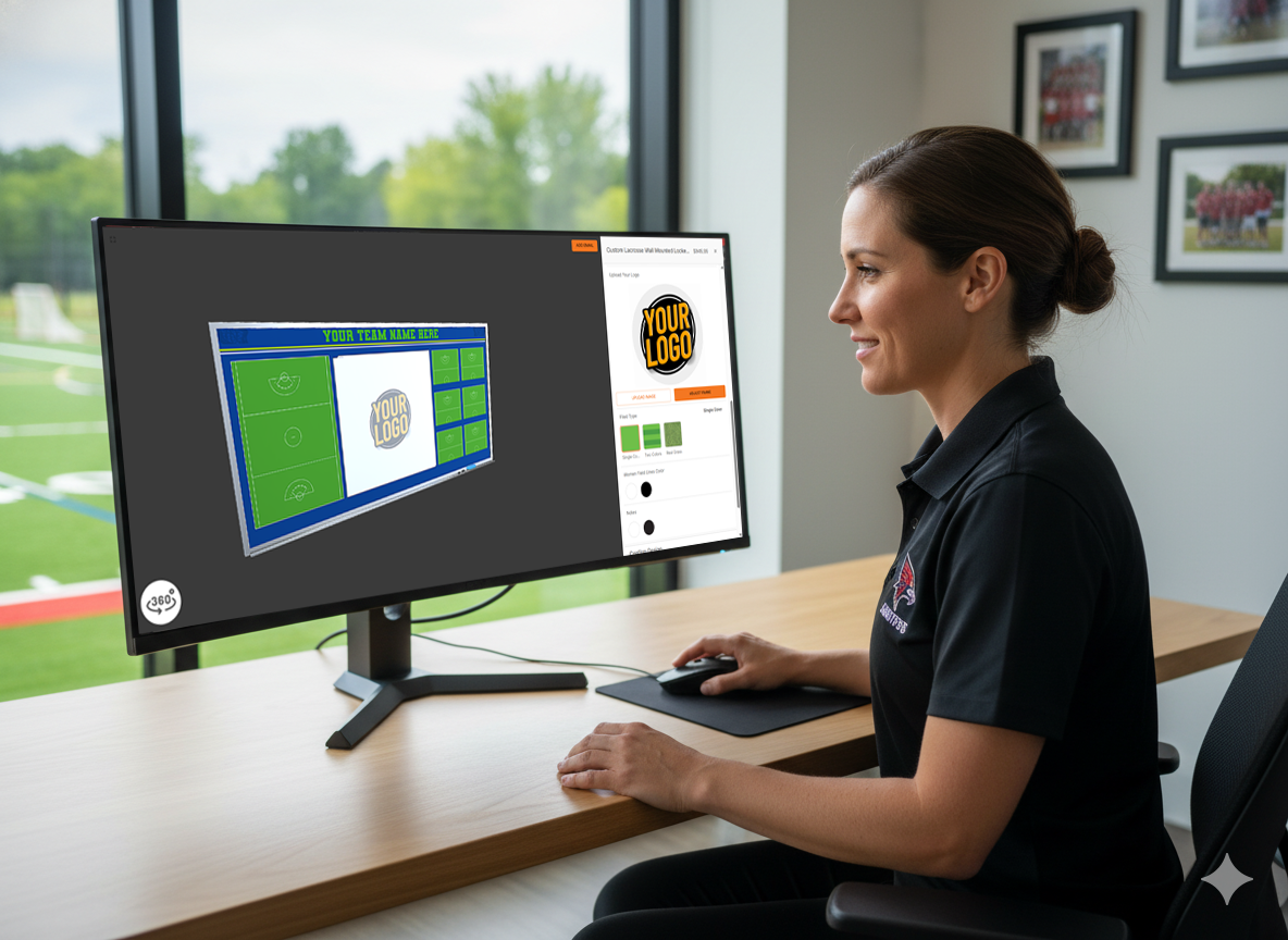 A woman in a professional office setting designs the 'Sterling Sentinels' team logo on a computer. The webpage section is titled 'The 3D Command Center: Design Your Legacy,' promoting a design tool for creating team icons, with a call-to-action to a Shopify App.