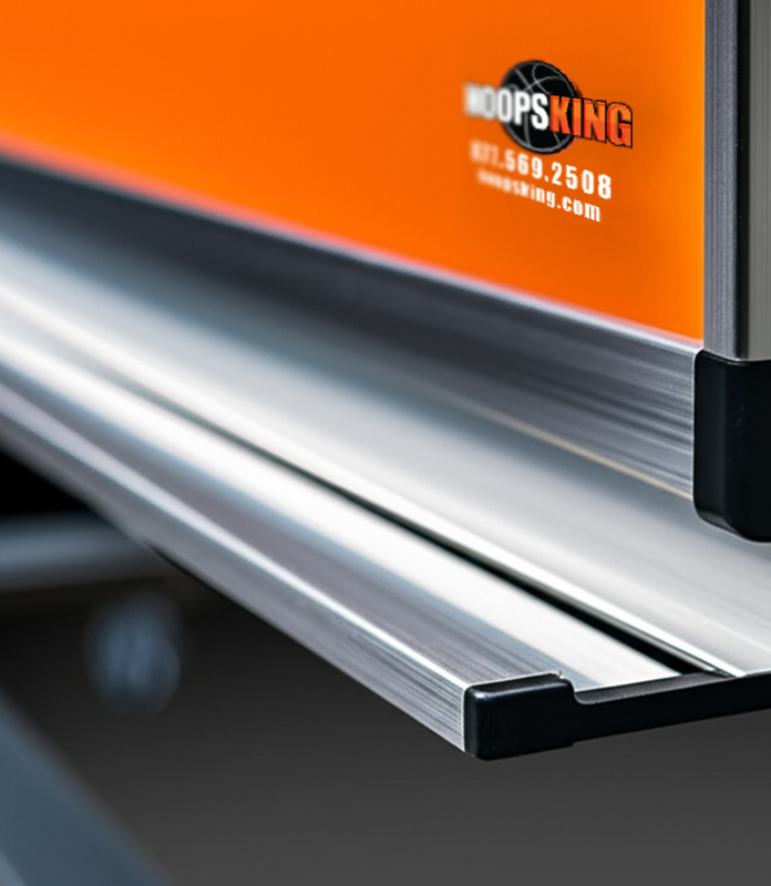 Close-up of the integrated marker tray on a HoopsKing coaching board, showing the durable brushed aluminum frame and construction.