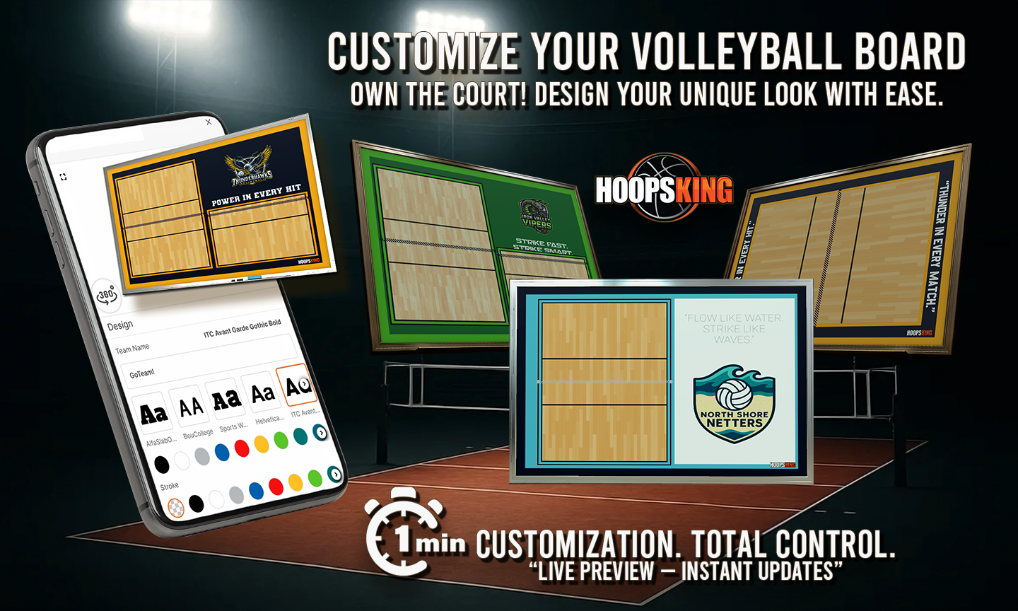 An image advertising HoopsKing's custom basketball coaching boards. On the left, a smartphone displays an easy-to-use design tool, while on the right, several finished personalized basketball clipboards with various team logos and colors are shown.