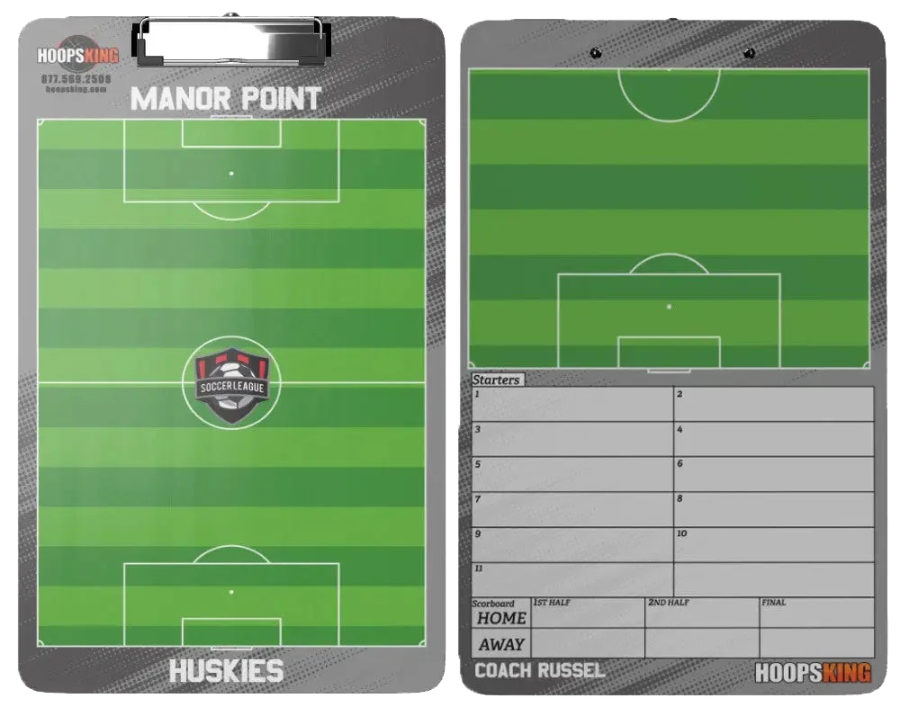 Custom soccer coaching clipboard whiteboard displayed in locker room setting