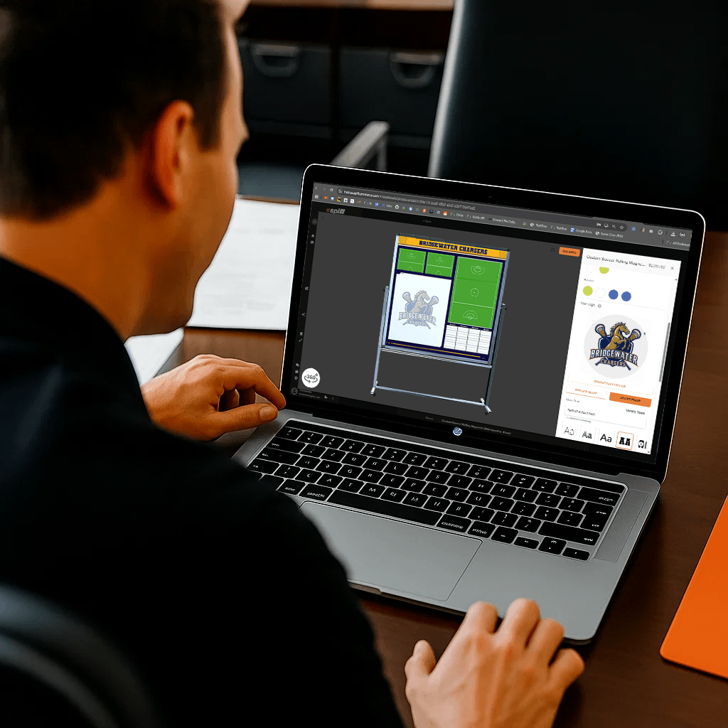 Over-the-shoulder view of a person using an online design tool on a laptop to create a custom Hockey strategy whiteboard.