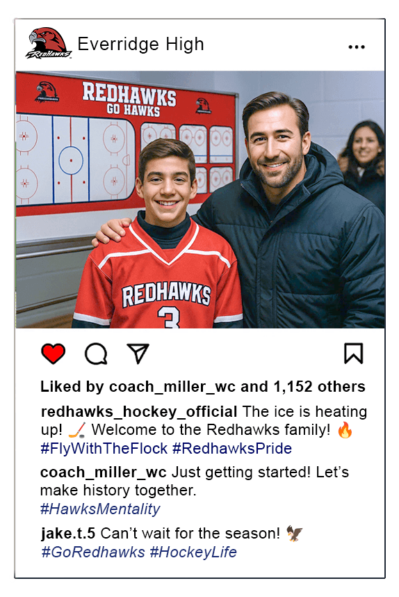An Instagram post from Everride High School showing a proud football coach with his arm around a new student athlete. In the background is a custom Hockey team strategy board.