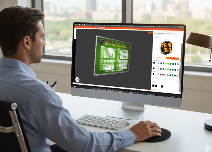 A man in a professional office setting designs the 'Sterling Sentinels' team logo on a computer. The webpage section is titled 'The 3D Command Center: Design Your Legacy,' promoting a design tool for creating team icons, with a call-to-action to a Shopify App.