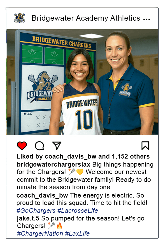 An Instagram post from Everride High School showing a proud football coach with his arm around a new student athlete. In the background is a custom Hockey team strategy board.