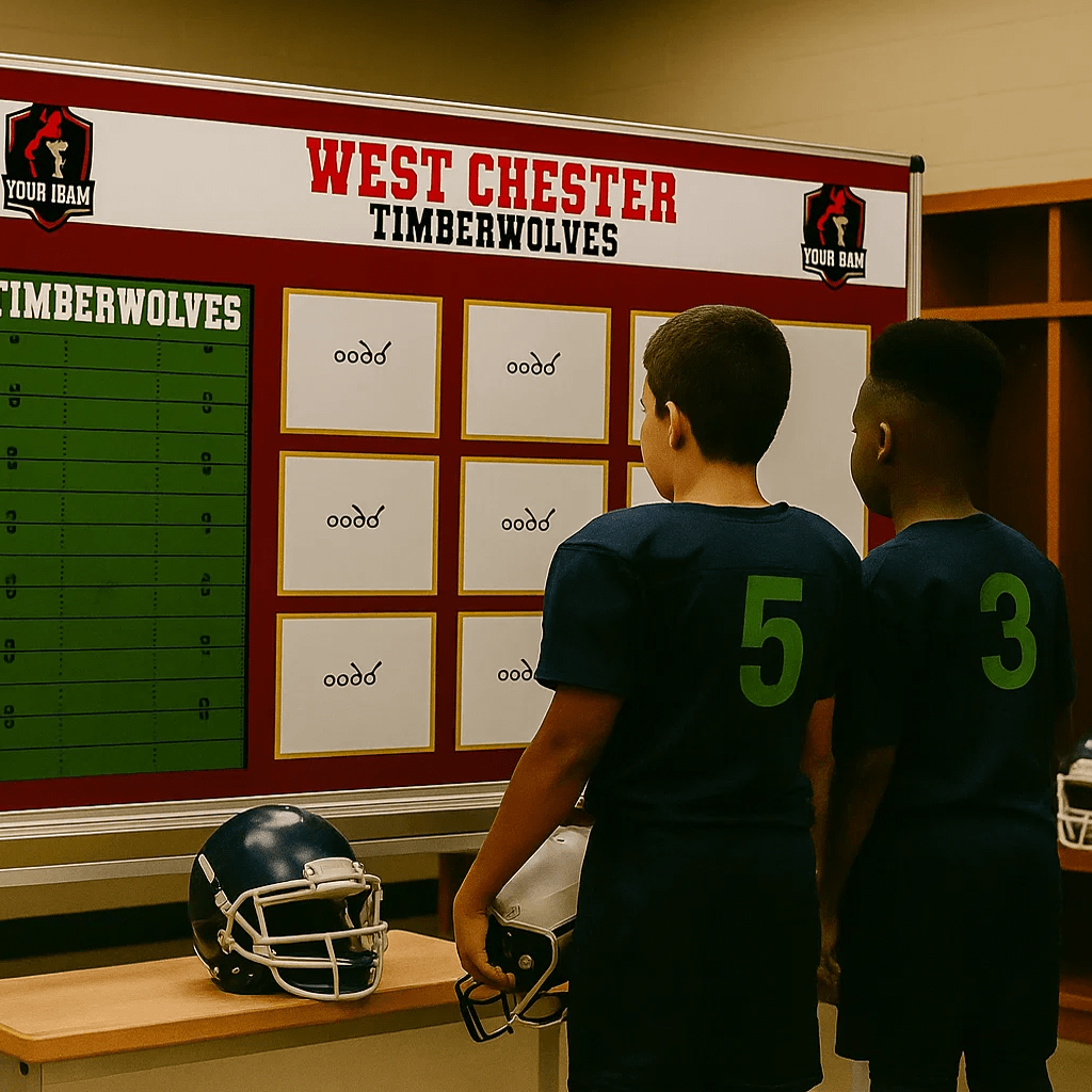 Two young football players studying a large, custom-branded West Chester Timberwolves team strategy dry-erase board in a locker room setting.