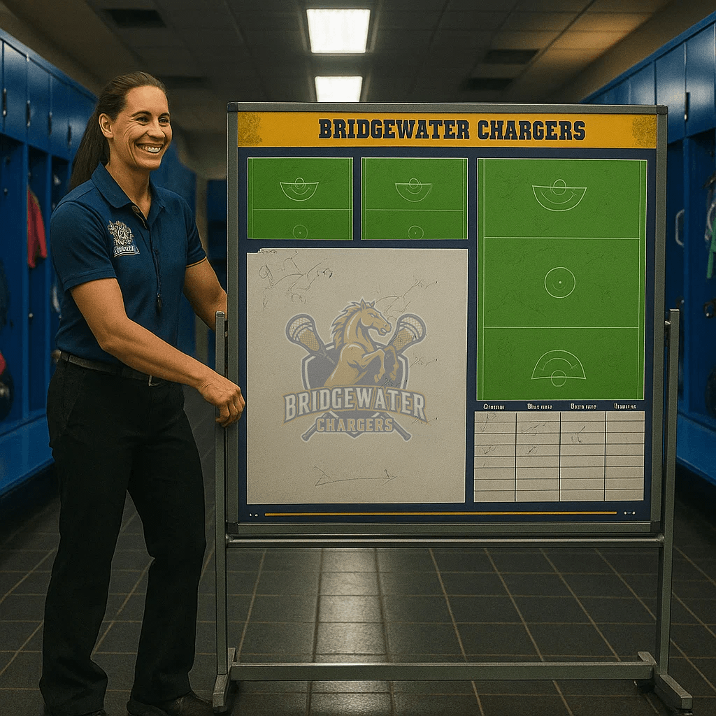 A coach moves a large, custom-branded Hockey team whiteboard on a rolling stand across a Hockey stadium.