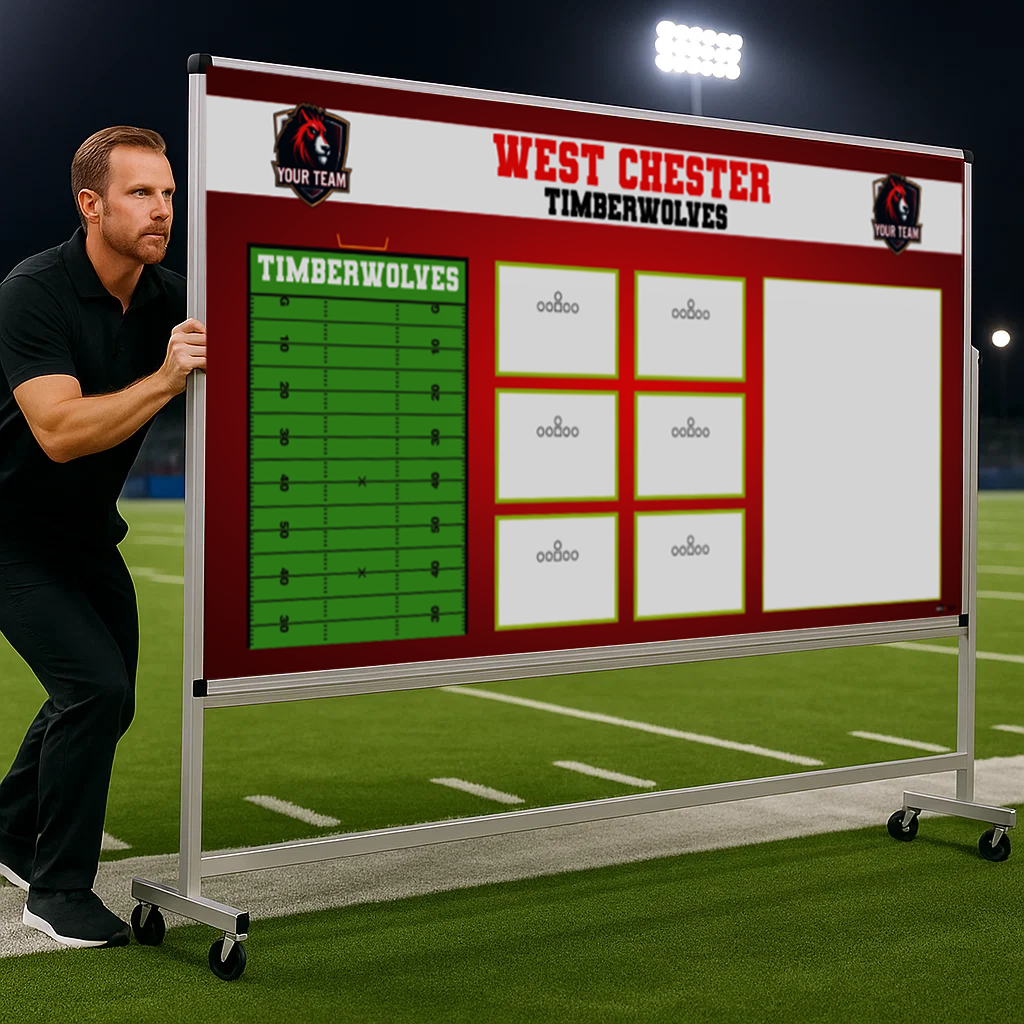 A coach moves a large, custom-branded West Chester Timberwolves team whiteboard on a rolling stand across a football field under stadium lights.