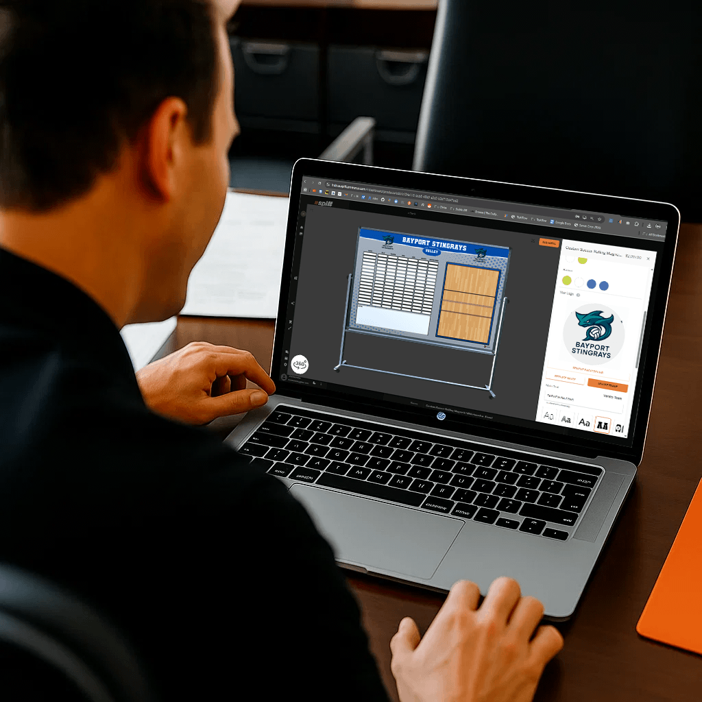 Over-the-shoulder view of a person using an online design tool on a laptop to create a custom Hockey strategy whiteboard.