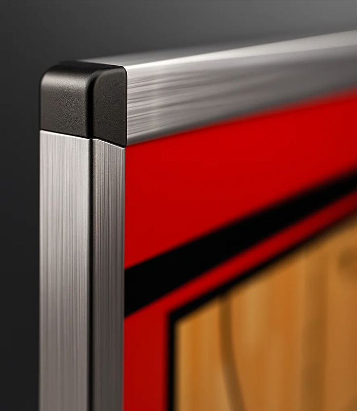 Corner detail of a coaching whiteboard, highlighting the durable brushed metal frame and protective black corner cap.