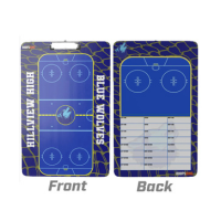 Custom hockey playbook board showing offensive and defensive plays on dry erase surface